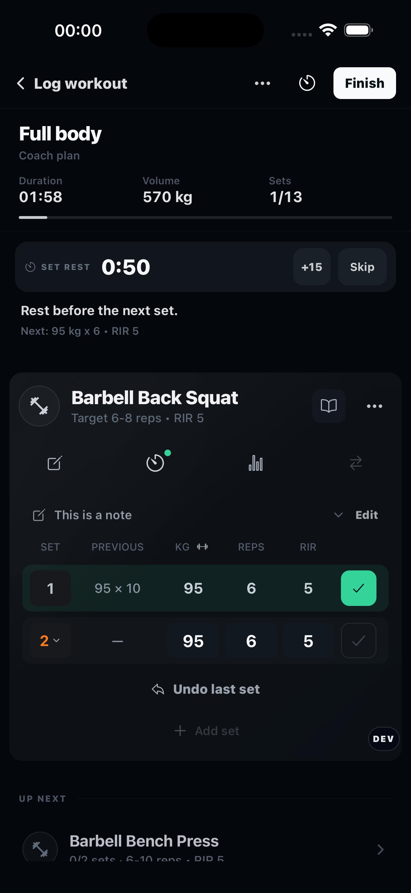 GYMXP Classic Logger showing manual set logging, previous performance, a rest timer, weight, reps and RIR