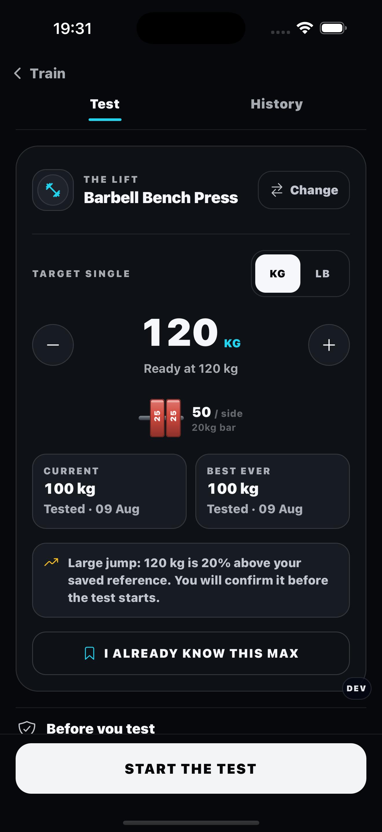 GYMXP 1RM target selection with saved strength reference and safety check